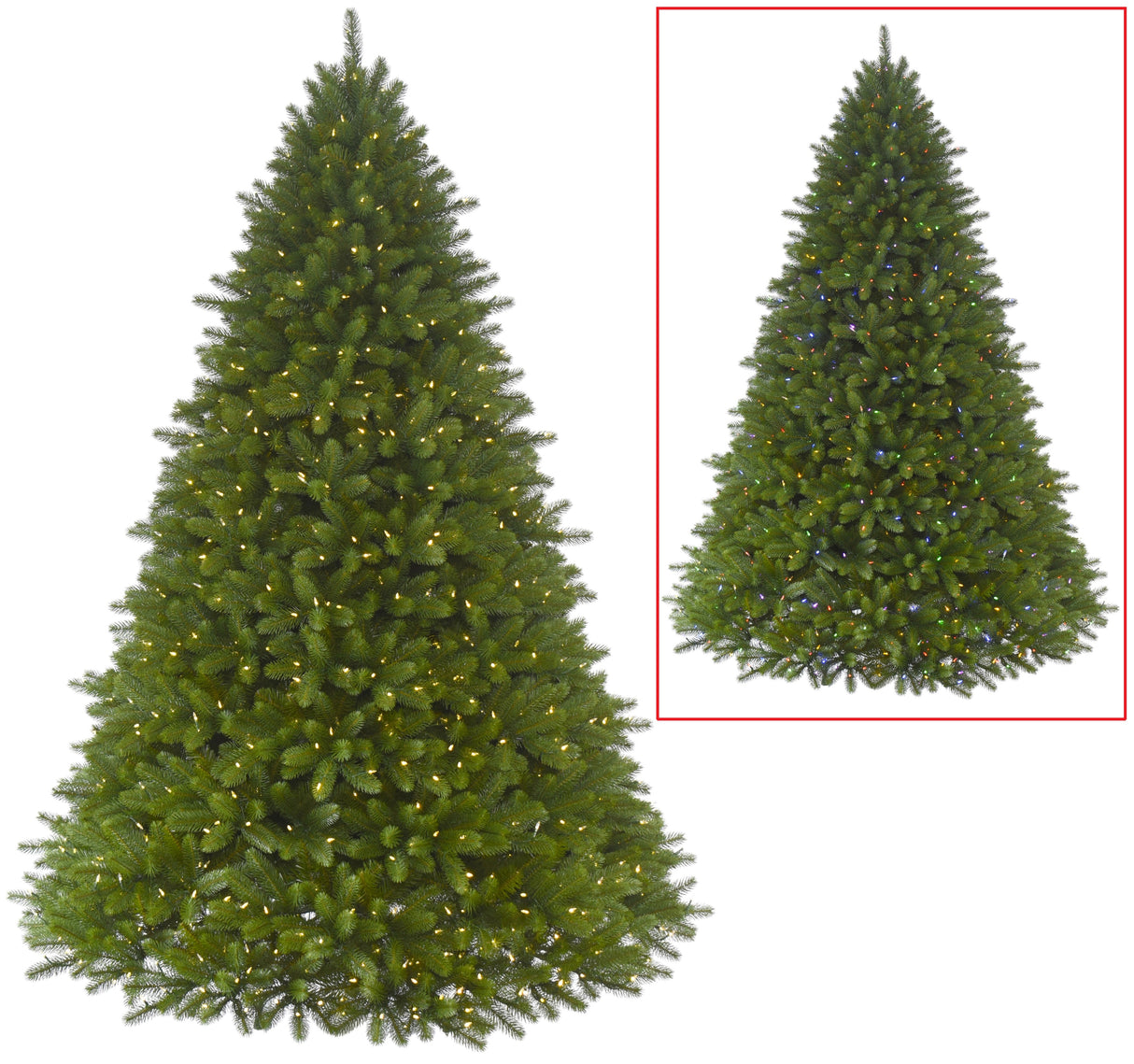 Artificial tree pre-lit with dual lights. Lights change from warm white to multi-colored.