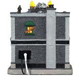 Porcelain lighted building for a Lemax display. Designed to look like a brick building with boarded up windows and skull accents. There are monsters visible inside the bar.
