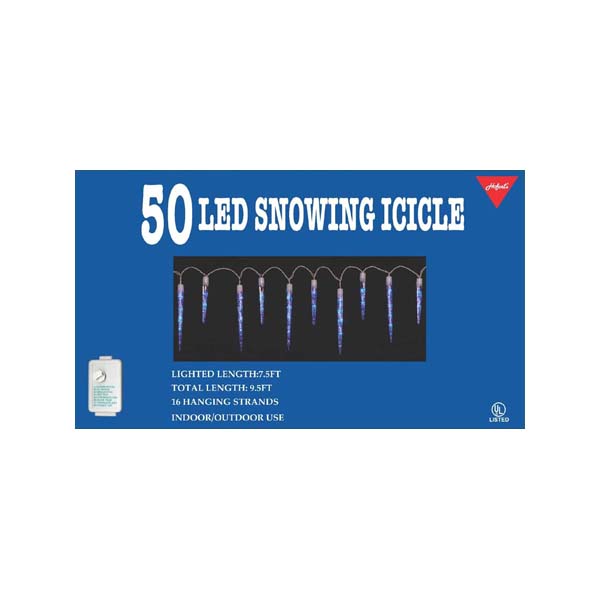 This image shows the packaging that this set of icicle lights come in. It reads "50 LED Snowing Icicle. Lighted length: 7.5 ft. Total length: 9 ft. 16 hanging strands. Indoor/outdoor use."