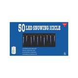 This image shows the packaging that this set of icicle lights come in. It reads "50 LED Snowing Icicle. Lighted length: 7.5 ft. Total length: 9 ft. 16 hanging strands. Indoor/outdoor use."