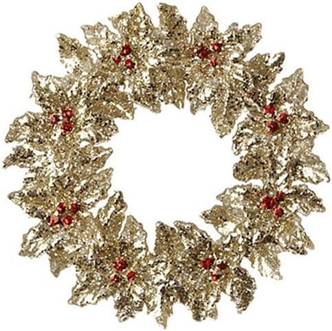 Gold glitter ornament shaped like a wreath with red berry accents.