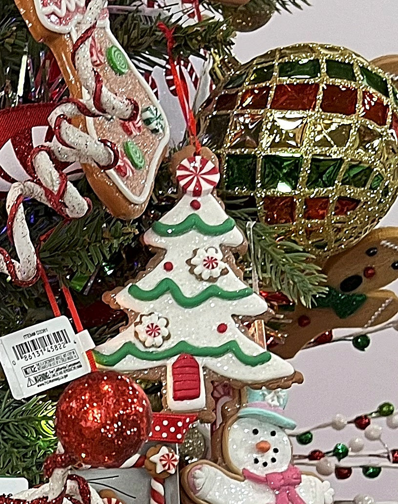 Ornaments shaped like decorated Christmas cookies.