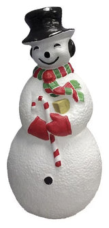 This image shows the blow mold plastic snowman decoration. His top hat is black, he has a cute expression on his face and is wearing black earmuffs. He has a green and red striped scarf. He's holding a yellow present and a red and white striped candy cane. he's wearing red gloves.