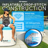 This is a lifestyle image showing a man sitting on the inflated cold plunge tub with the lid down. This is designed to show how much weight the entire tub/lid can hold. It reads "Inflatable drop-stitch construction. This technology creates a sturdy, solid feel when inflated to pressure. The air acts as a natural barrier to retain temperature for extended periods of time."