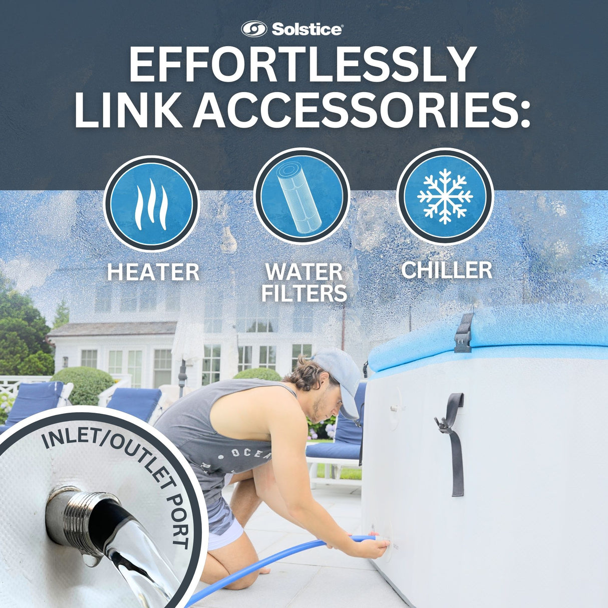 This cold plunge tub effortlessly links to accessories such as a heater, water filters and chillers.