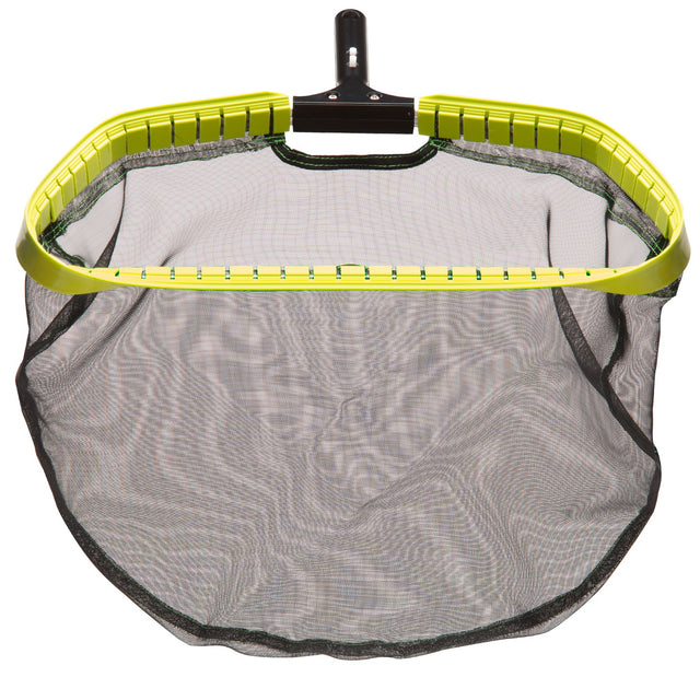 Pool skimmer head. The handle is black, the border is a lime green/yellow color and the bag is black.