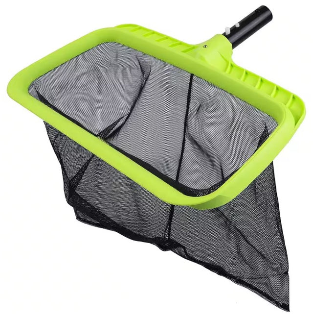 Pool skimmer head. Handle is black, border is a lime green/yellow color and the bag is black. Pole is not included.