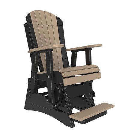 This is the Weatherwood and Black colored Adirondack glider chair on a white background.