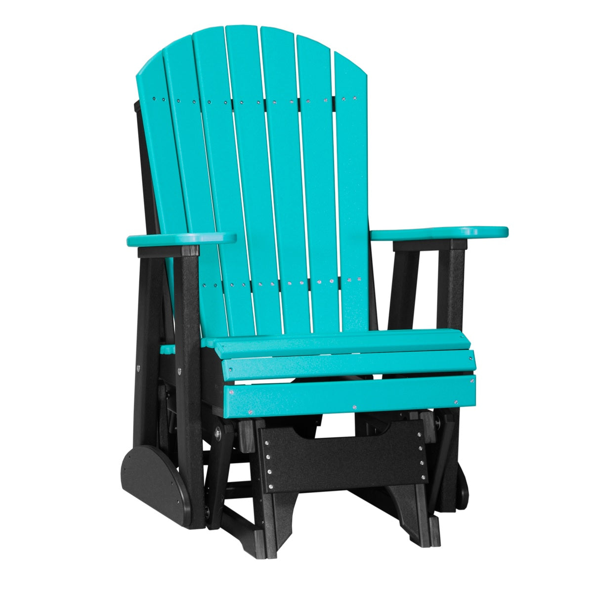 This is the Aruba Blue and Black colored Adirondack glider chair on a white background.
