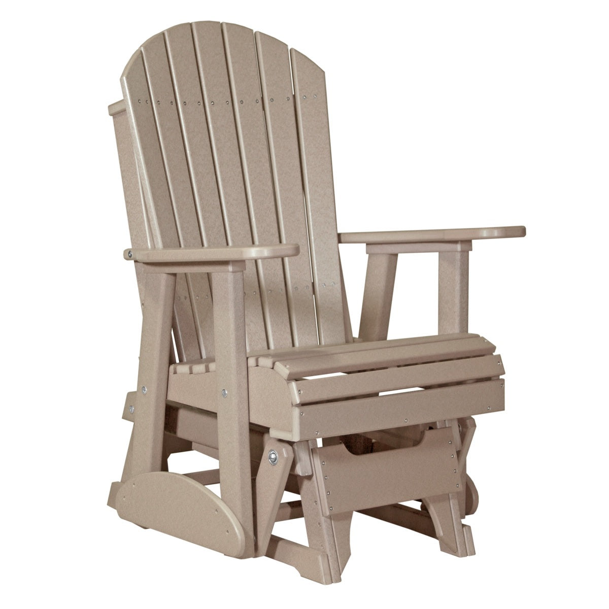 This is the Weatherwood colored Adirondack glider chair on a white background.