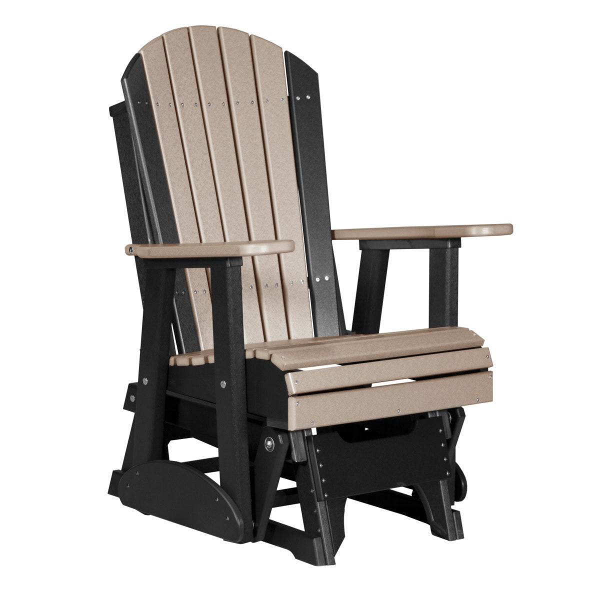 This is the Weatherwood and Black colored Adirondack glider chair on a white background.
