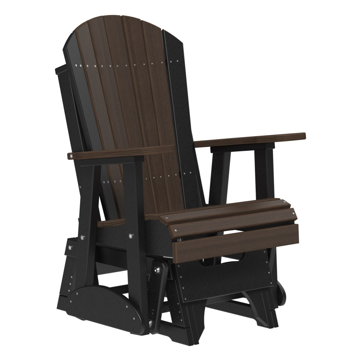 This is the Brazilian Walnut and Black colored Adirondack glider chair on a white background.