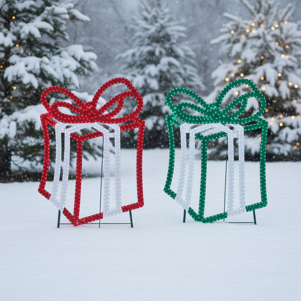 This is a lifestyle image showing the two different present decorations in a snowy yard.