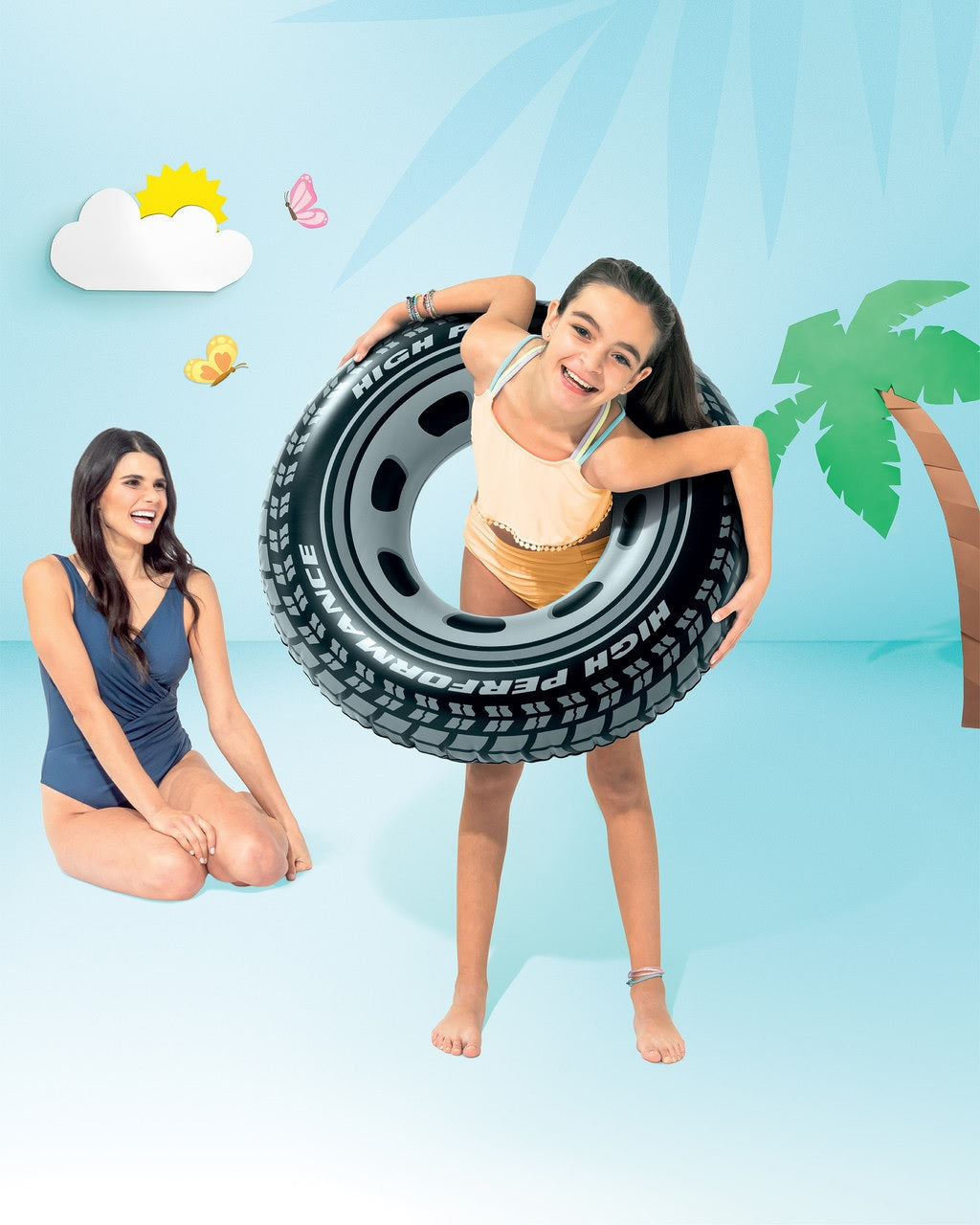 Inflatable inner tube designed to look like a car tire.