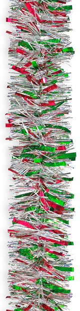 15' Fancy Laser Red, Green & Silver Metallic Tinsel Garland