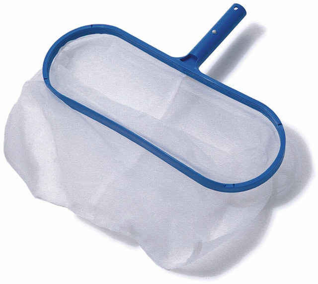 Pool skimmer net. Handle and border is blue and the mesh bag is white. Pole not included.