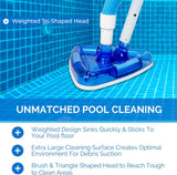 This vacuum has a weighted tri-shaped head for unmatched pool cleaning. It's weighted design sinks quickly and sticks to your pool floor. Its extra large cleaning surface creates optimal environment for debris suction. The brush and triangle shaped head reaches tough to clean areas.