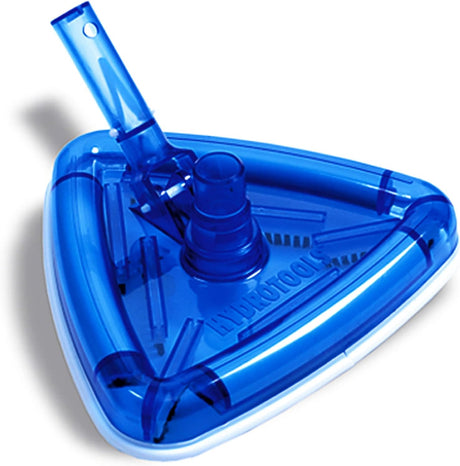 Triangular pool vacuum head. It has a clear blue head with a white bottom border. Vacuum pole not included.