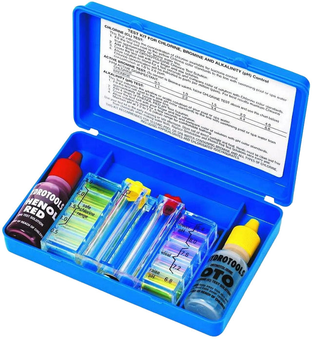 Blue container holding the water testing kit for your pool. Instructions are printed on the inside of the lid.