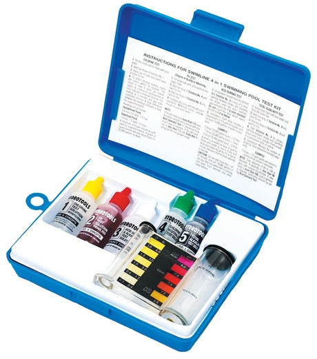 Blue storage case with easy to read instructions on the lid. This kit includes drops and directions to test free chlorine, Ph, alkalinity and acid demand.
