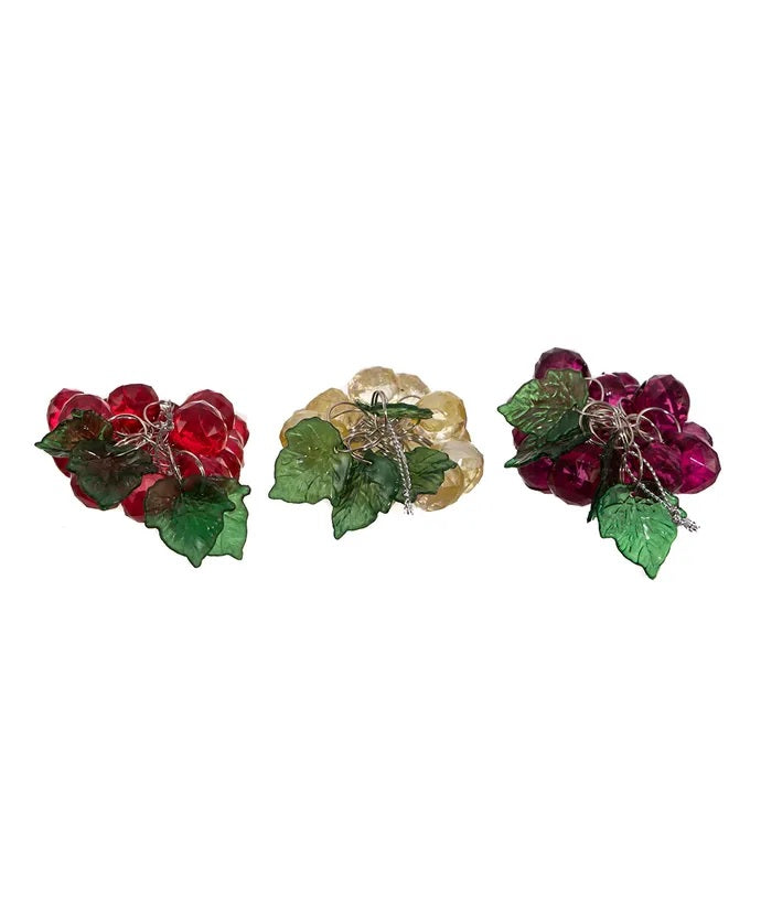 Ornament shaped like a cluster of grapes. There are three options. One is purple, one is green and one is burgundy.