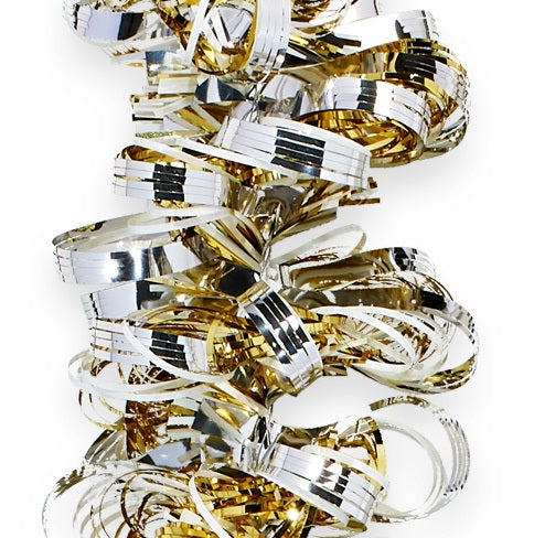 Gold, silver and white decorating tinsel.