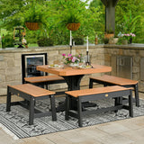 This is a lifestyle image showing the Cedar and Black colored square table surrounded by matching benches. 