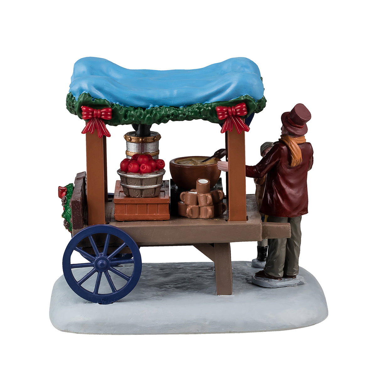 Resin table accent for a Lemax Village tabletop display. Designed to look like a wooden vendor cart. The sign reads "Coffee Wassail." The roof above the carriage is a light blue color and features a green garland around the edges. The vendor is wearing a marron jacket and top hat and is handing a cup to a young child wearing winter clothes. Inside the cart, there's a coffee maker and bowl of wassail warming over a heater.