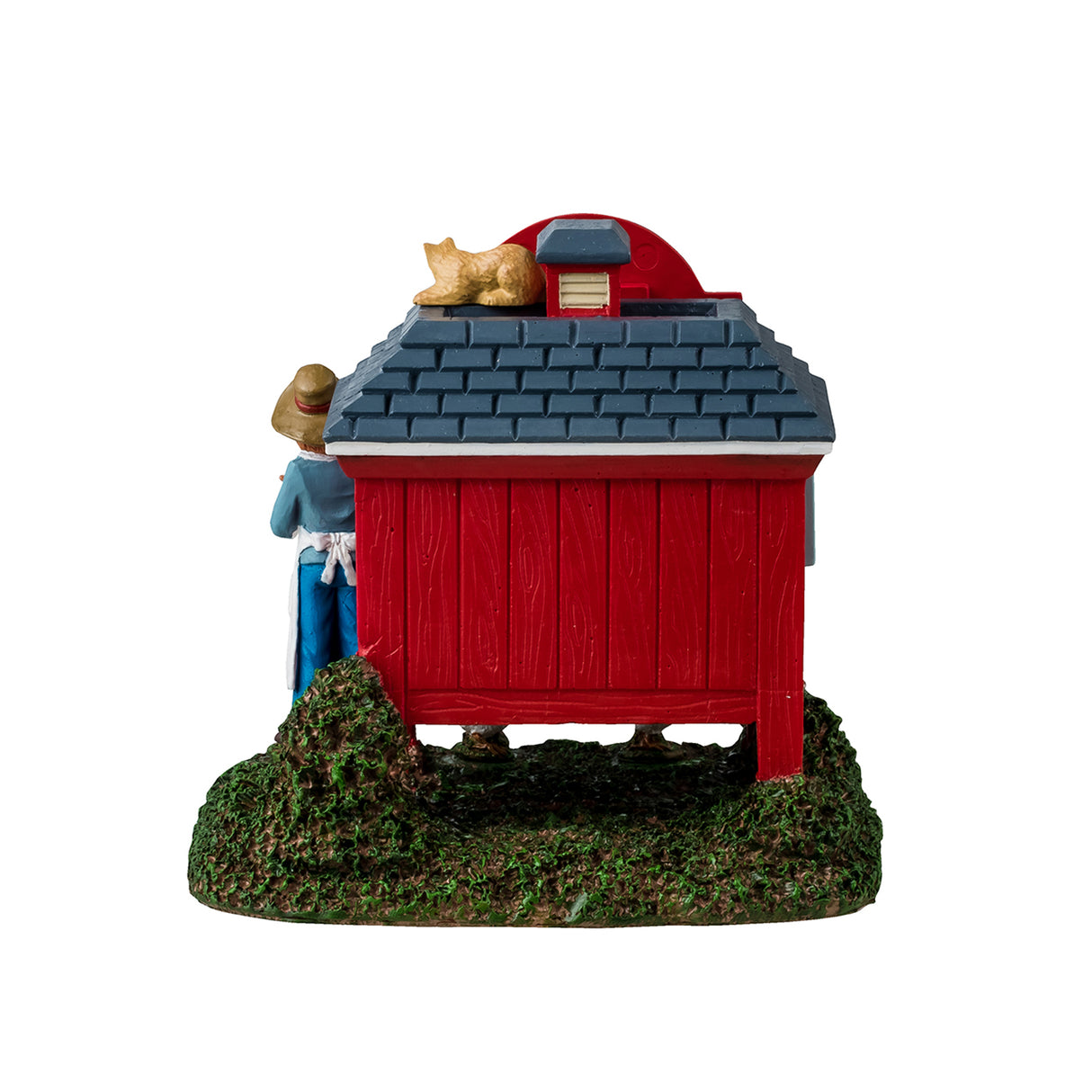 Resin table accent for a Lemax display. Designed to look like a red booth on a grassy patch. There's a sign on the roof that reads "Farm Fresh Eggs. $3.00 a Dozen." There's a cat lounging on the roof and three chickens standing on the ground. The booth is filled with shelves of eggs with a yellow box on the counter. Another sign reads "Honor System. Please put cash in box, thank you." A young girl stands near the booth holding a chicken and a basket of eggs. She's wearing a floppy hat and a white apron.