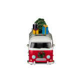 Plastic table accent for a Lemax display. Designed to look like a red and white Volkswagen bus. The sides read "Have a Holly Jolly Christmas" and features little holly leaves and berries. There's a decorated wreath on the front bumper. There's a ladder on the side that leads up to the roof of the van where there's a collection of presents and a Christmas tree.