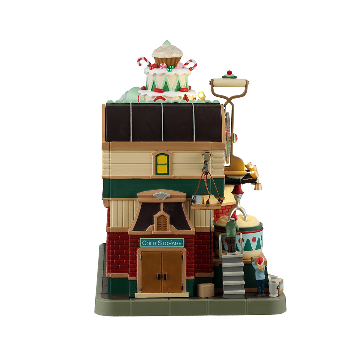 Resin lighted building for a Lemax display. Designed to look like an animated cake factory. A detailed, whimsical model of a "Christmas Cake Factory" with bright lights and animated figures depicting various festive baking activities. This resin lighted building captures the holiday spirit beautifully.