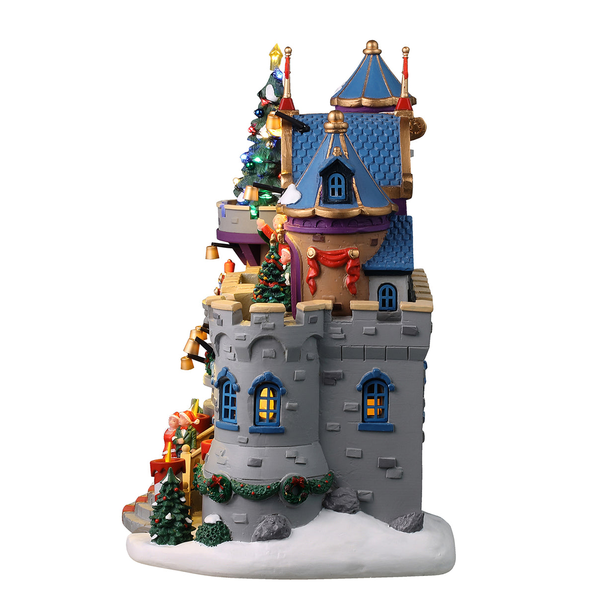 Resin lighted building for a Lemax display. Designed to look like a stone castle decorated for a Christmas gala with Santa. There are people dancing on the balcony and decorative nutcrackers. There are decorated Christmas trees, a snowman and red/white striped candle lights outside.