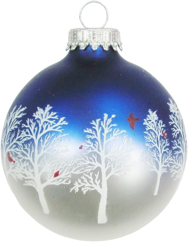 Set of 4 Blue & Pearl Glass Ornaments with Snowy Trees & Cardinals