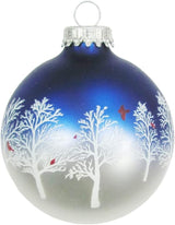 Set of 4 Blue & Pearl Glass Ornaments with Snowy Trees & Cardinals