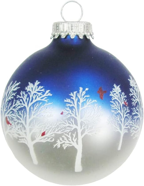 Set of 4 Blue & Pearl Glass Ornaments with Snowy Trees & Cardinals