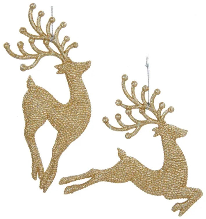 Gold ornaments shaped like reindeer.
