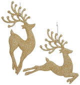 Gold ornaments shaped like reindeer.