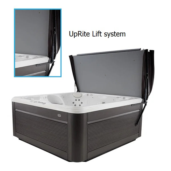This image shows a hot tub on a white background and then there's a zoomed in section to show the UpRite lift system.