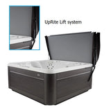 This image shows a hot tub on a white background and then there's a zoomed in section to show the UpRite lift system.