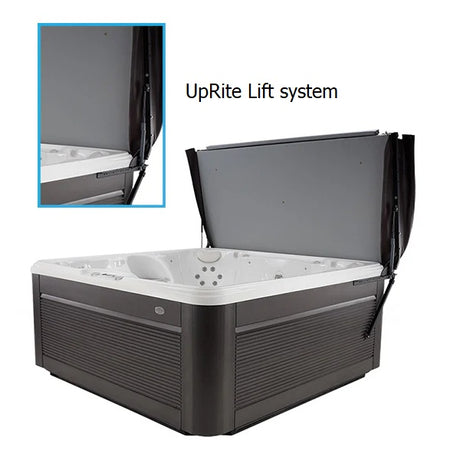 This image shows a hot tub on a white background and then there's a zoomed in section to show the UpRite lift system.
