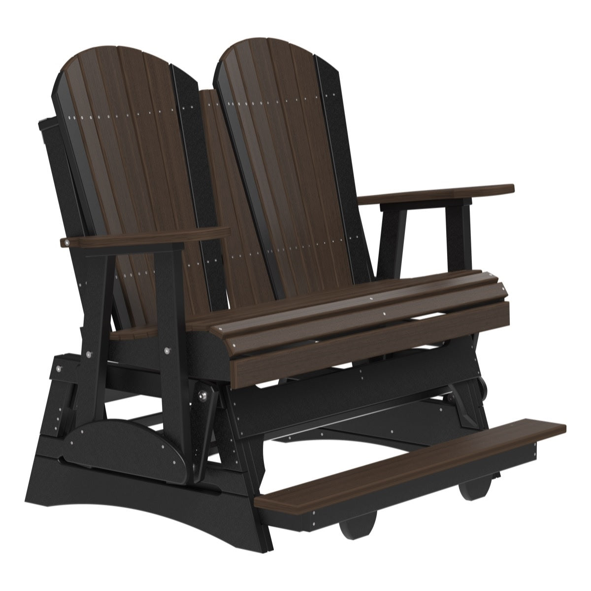 This is a Brazilian Walnut and Black colored Adirondack balcony glider bench on a white background.