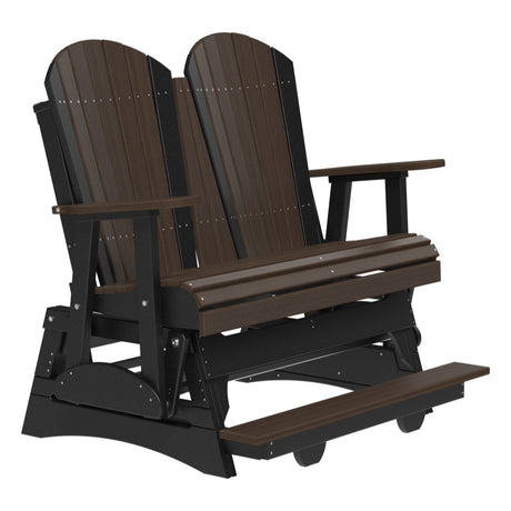 This is a Brazilian Walnut and Black colored Adirondack balcony glider bench on a white background.
