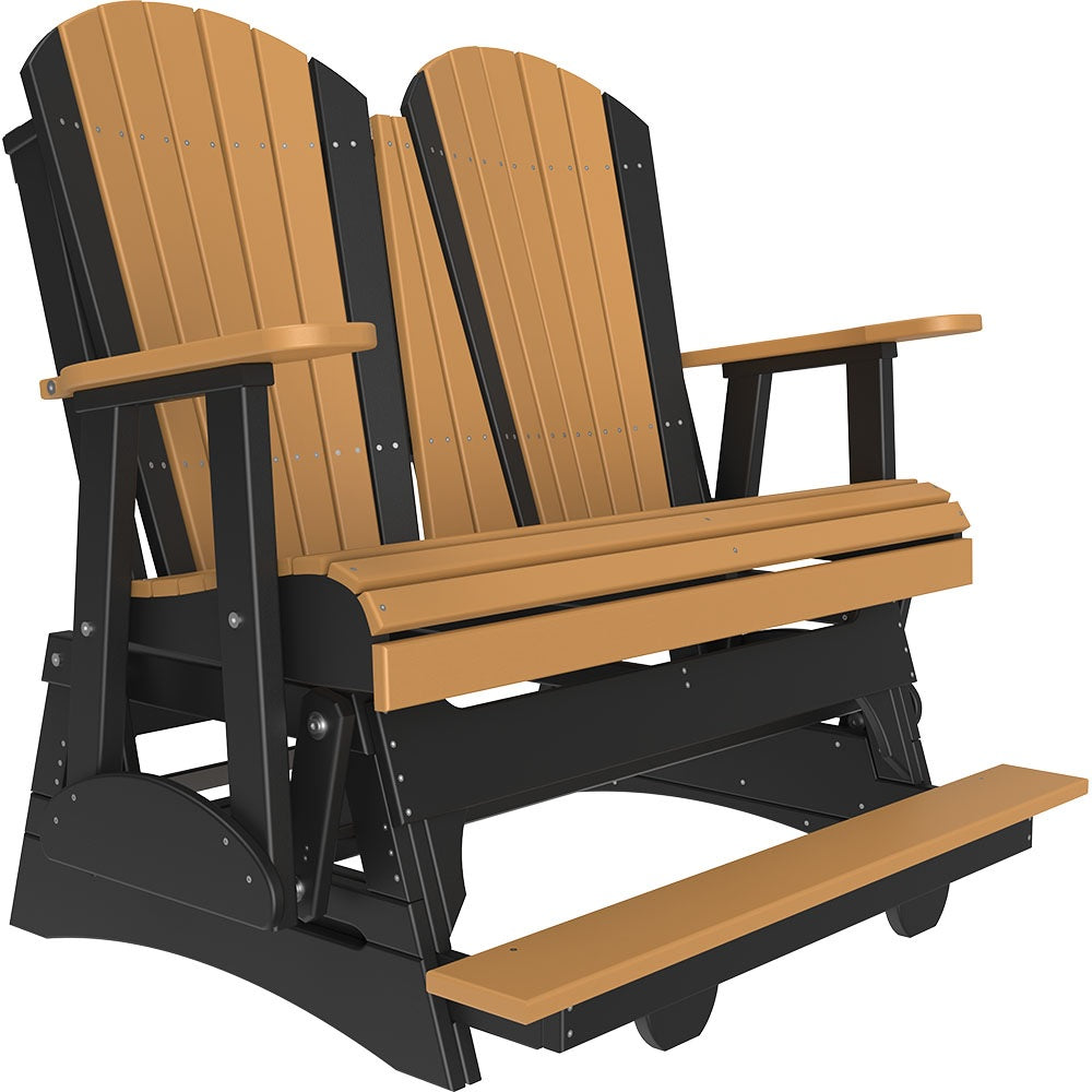 This is a Cedar and Black colored Adirondack balcony glider bench on a white background.
