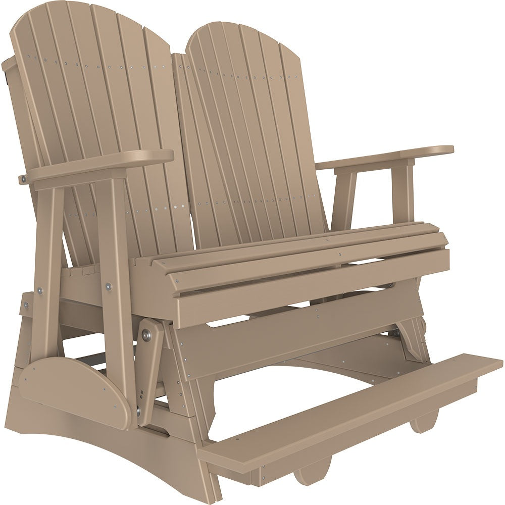 This is a Weatherwood colored Adirondack balcony glider bench on a white background.