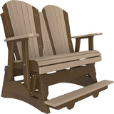 This is a Weatherwood and Chestnut Brown colored Adirondack balcony glider bench on a white background.