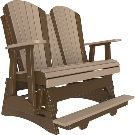 This is a Weatherwood and Chestnut Brown colored Adirondack balcony glider bench on a white background.