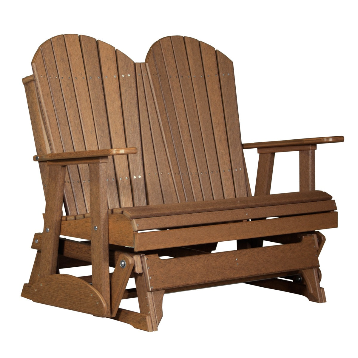 This is an Antique Mahogany colored Adirondack glider bench on a white background.