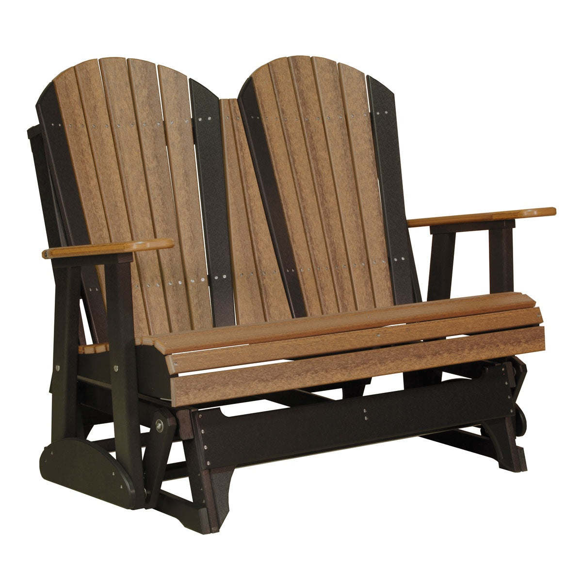 This is an Antique Mahogany and Black colored Adirondack glider bench on a white background.