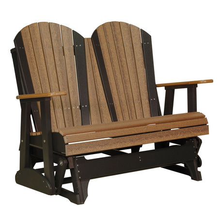 This is an Antique Mahogany and Black colored Adirondack glider bench on a white background.