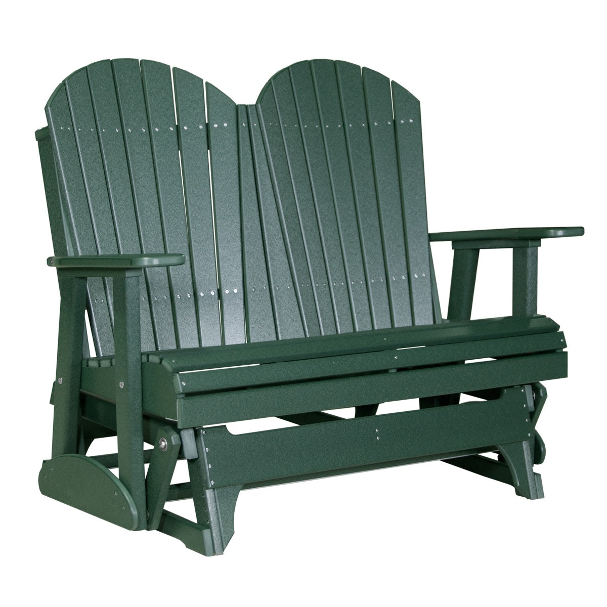 This is a Green colored Adirondack glider bench on a white background.